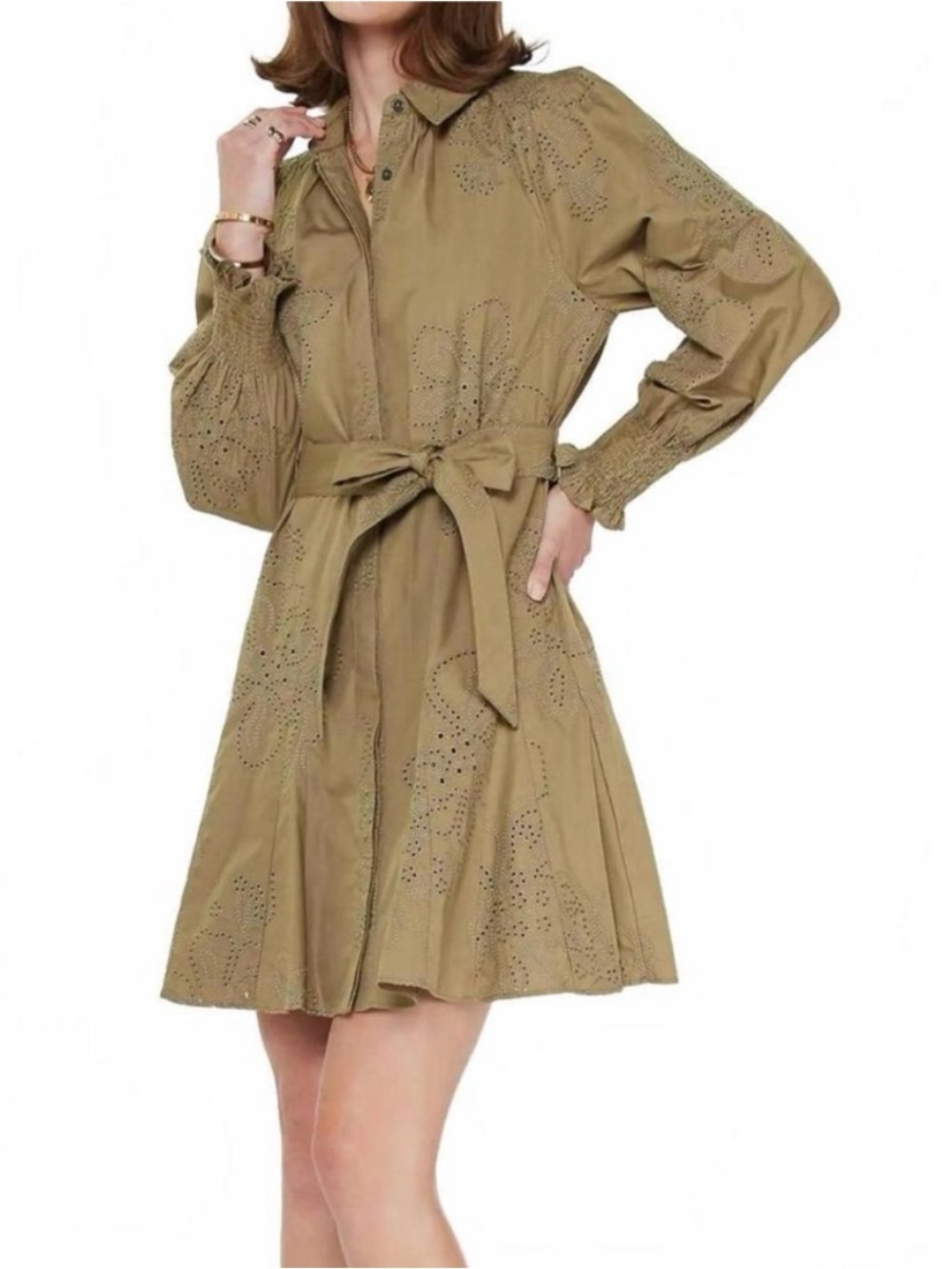 Current Air Olive Eyelet Tie-Waist Mini Dress
